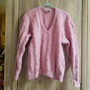 VINTAGE J CREW 100% Shetland Wool Cable Knit Sweater LARGE Pink Preppy Classic